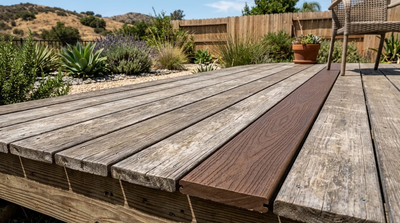 Sun-faded composite deck boards beside a newer unfaded replacement board in inland San Diego light