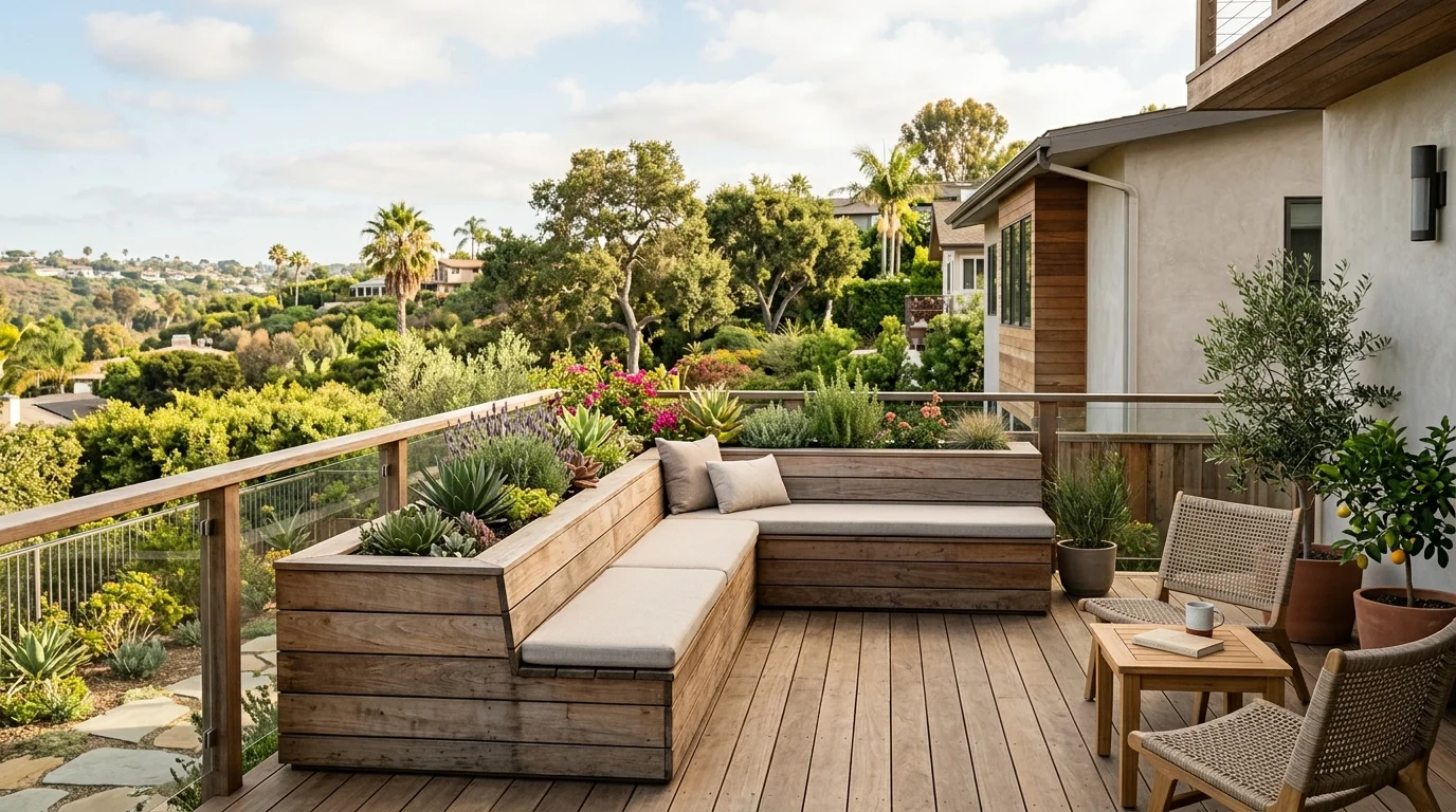 Residential San Diego deck with a built-in bench and planter along the rail line